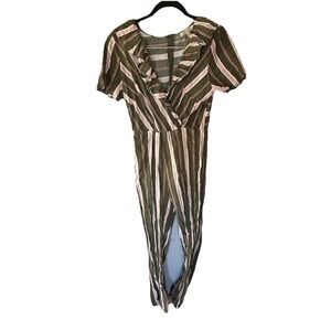 Polagram Striped Jumpsuit Ruffle V Neck Pink Green Size L Casual Boho Feminine